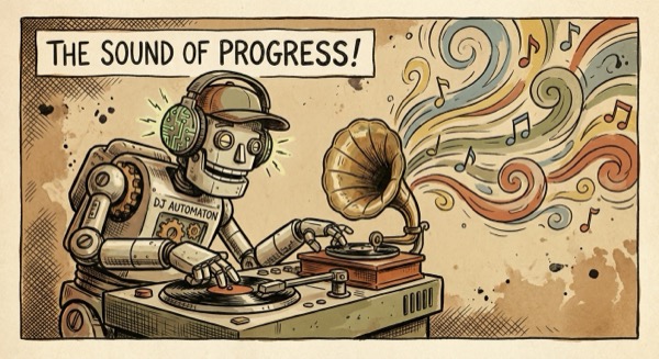 Robot DJ playing music with glowing sound waves