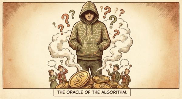 Mysterious figure on a mountain of gold coins surrounded by vapor