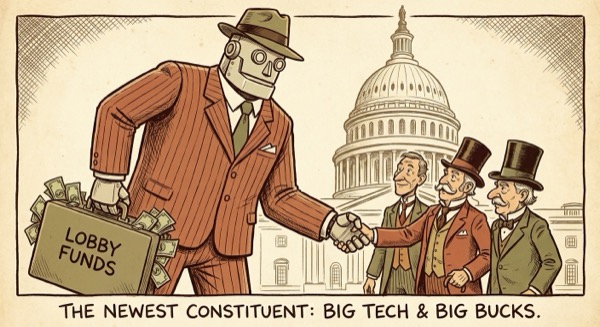 Robot in a suit shaking hands with politicians