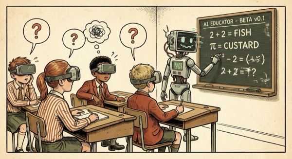 Children with VR headsets and a glitching AI teacher